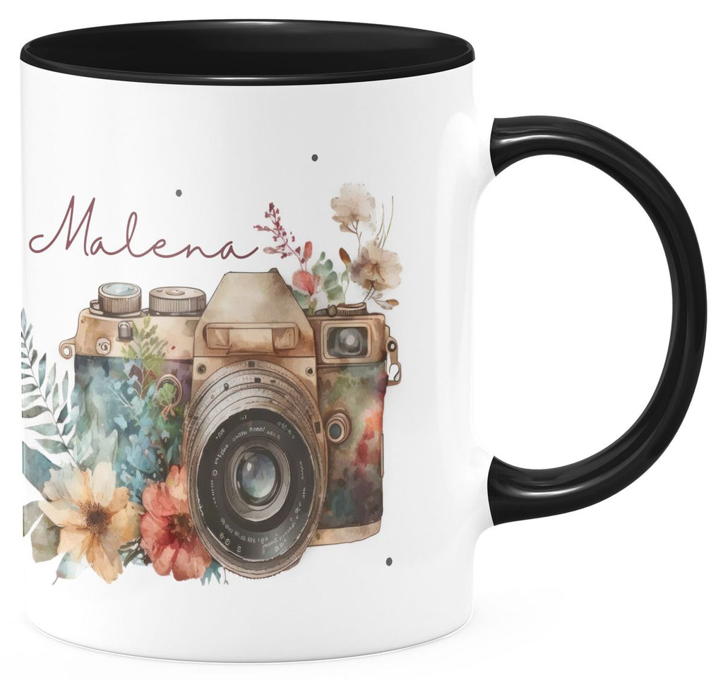 Keramik Tasse Kamera mit Blumen mit Wunschname - von Mikalino