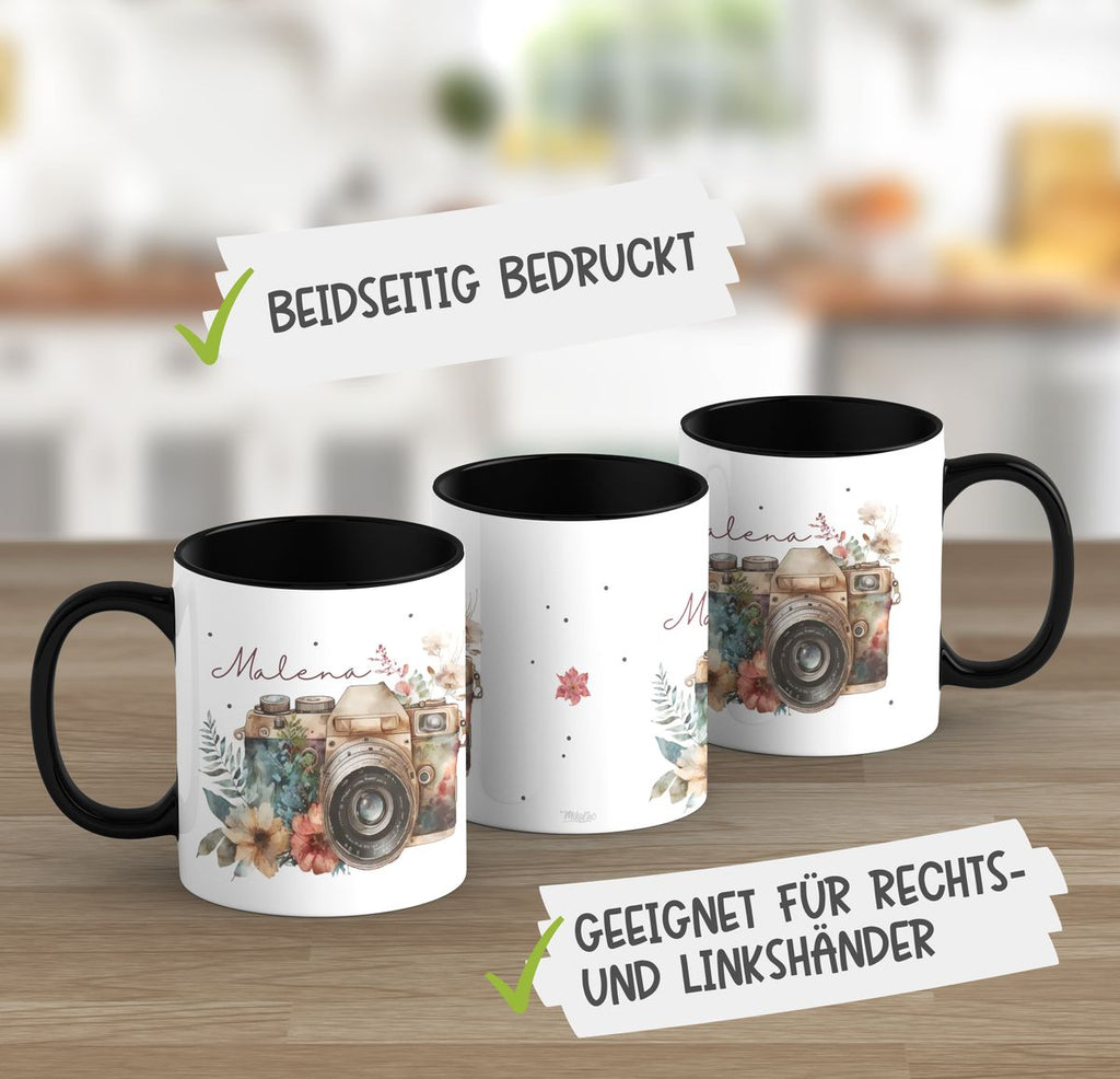 Keramik Tasse Kamera mit Blumen mit Wunschname - von Mikalino