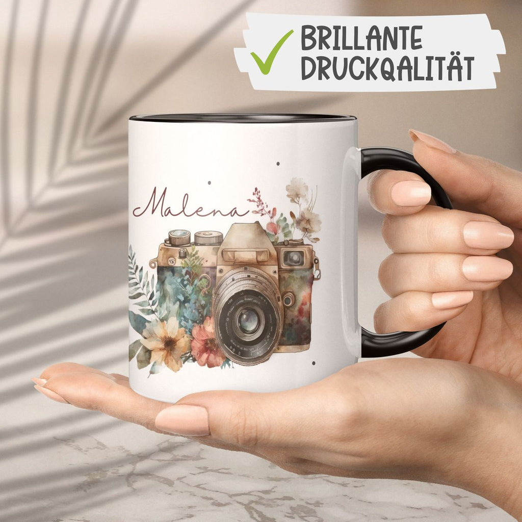 Keramik Tasse Kamera mit Blumen mit Wunschname - von Mikalino