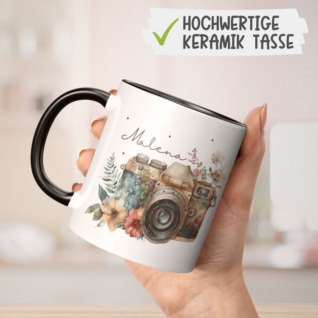 Keramik Tasse Kamera mit Blumen mit Wunschname - von Mikalino