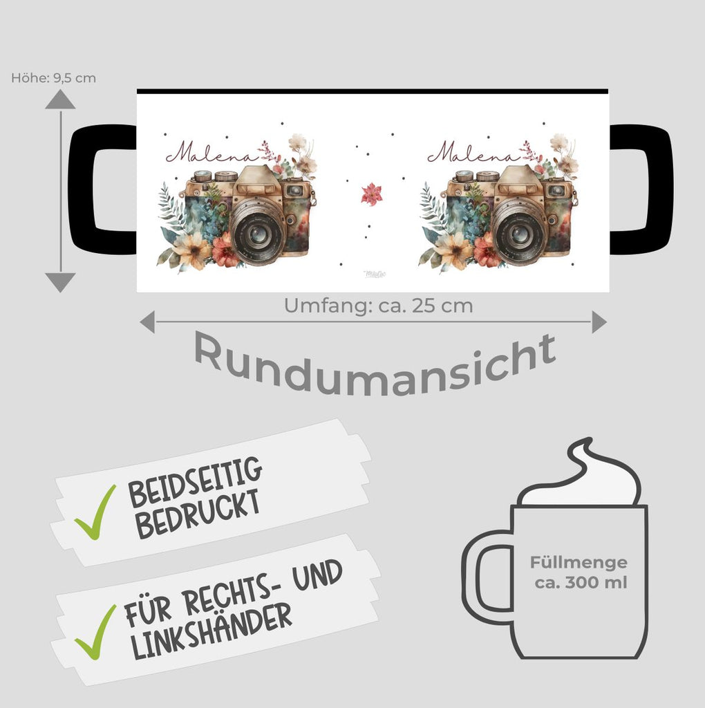 Keramik Tasse Kamera mit Blumen mit Wunschname - von Mikalino