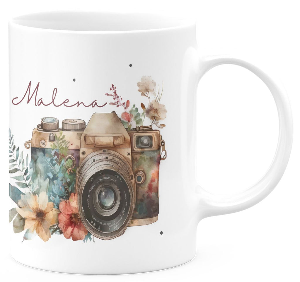 Keramik Tasse Kamera mit Blumen mit Wunschname - von Mikalino