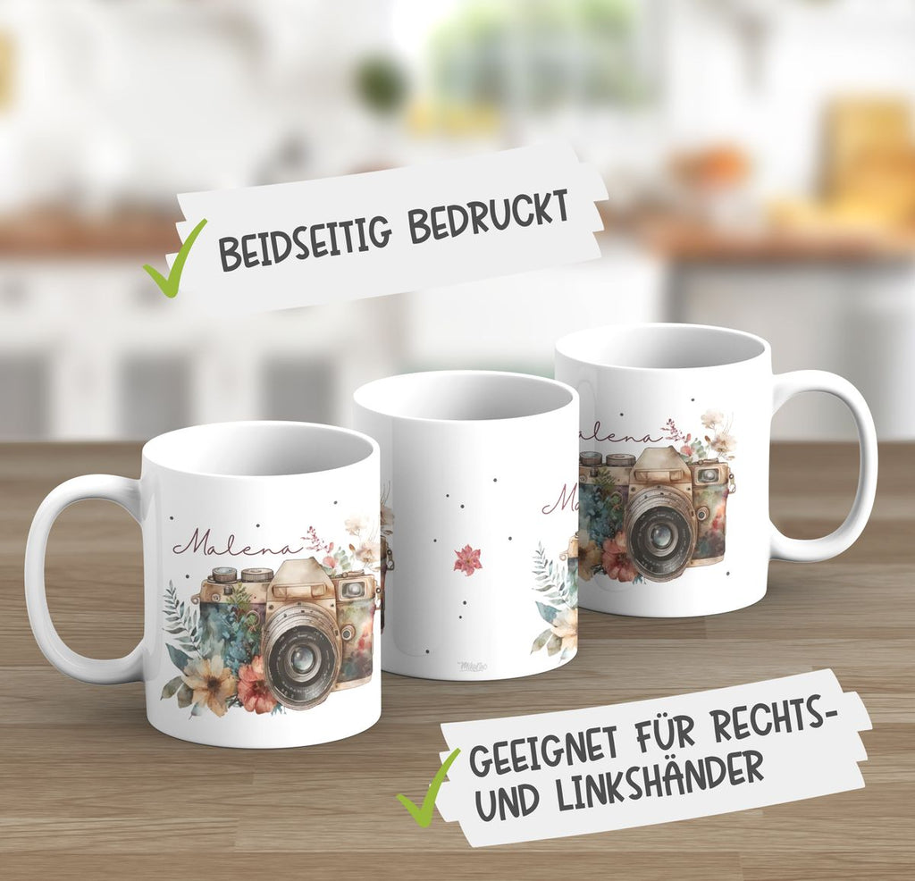 Keramik Tasse Kamera mit Blumen mit Wunschname - von Mikalino