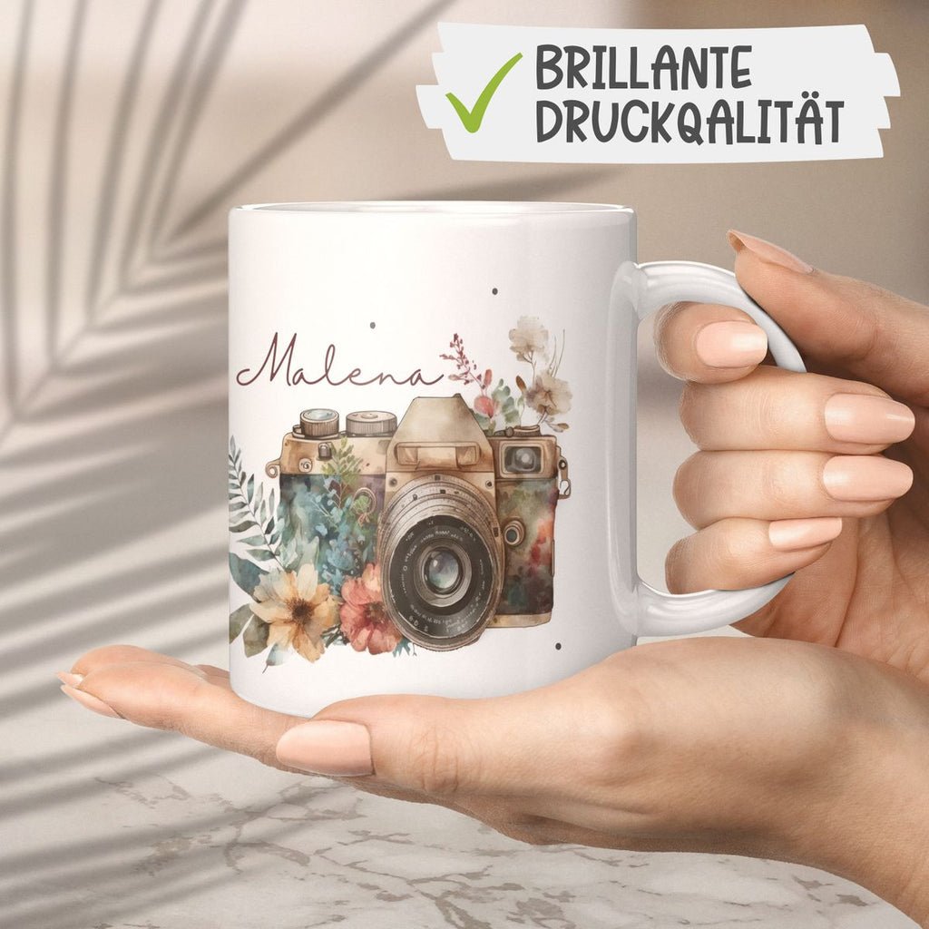 Keramik Tasse Kamera mit Blumen mit Wunschname - von Mikalino