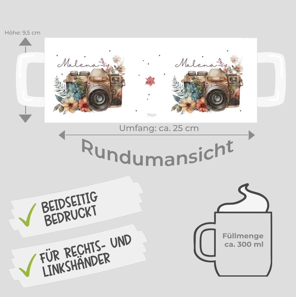 Keramik Tasse Kamera mit Blumen mit Wunschname - von Mikalino