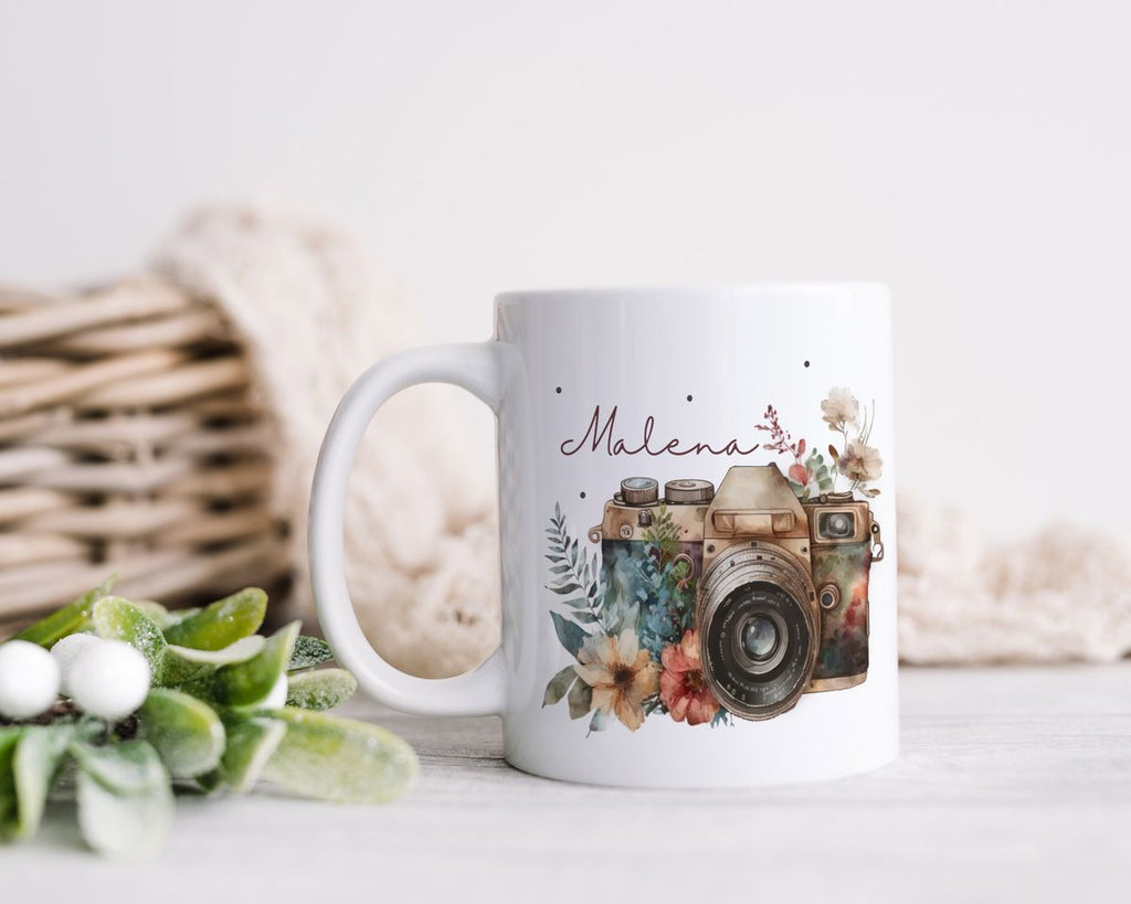 Keramik Tasse Kamera mit Blumen mit Wunschname - von Mikalino