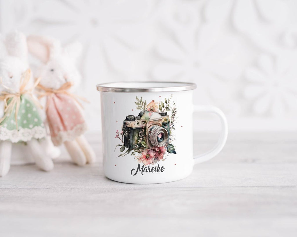 Emaille Tasse Kamera mit Blumen mit Wunschname - von Mikalino