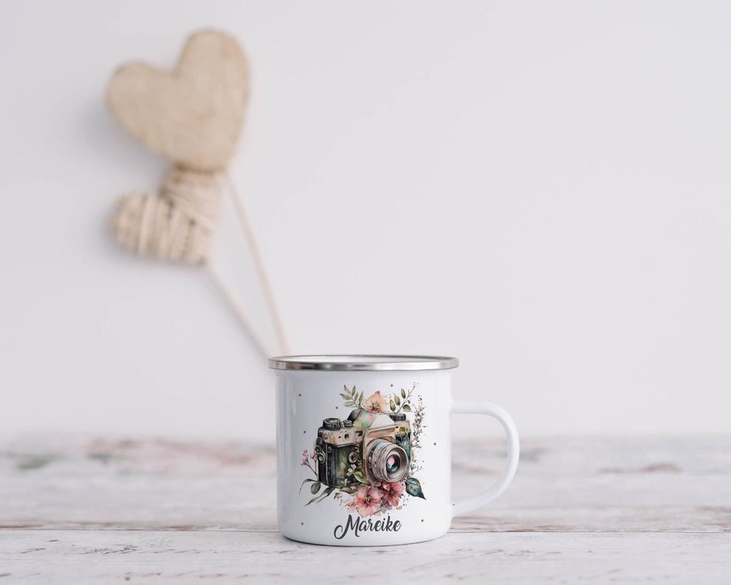 Emaille Tasse Kamera mit Blumen mit Wunschname - von Mikalino