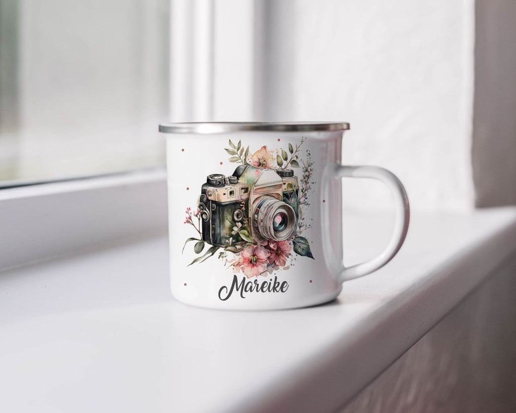 Emaille Tasse Kamera mit Blumen mit Wunschname - von Mikalino