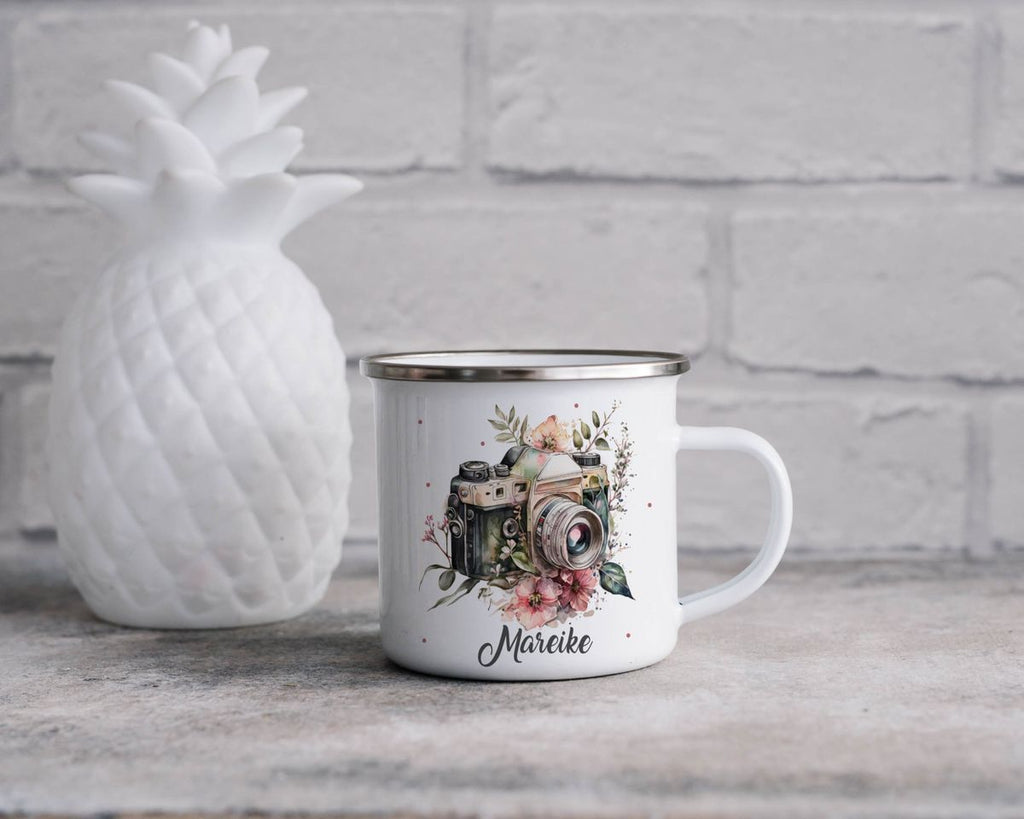 Emaille Tasse Kamera mit Blumen mit Wunschname - von Mikalino