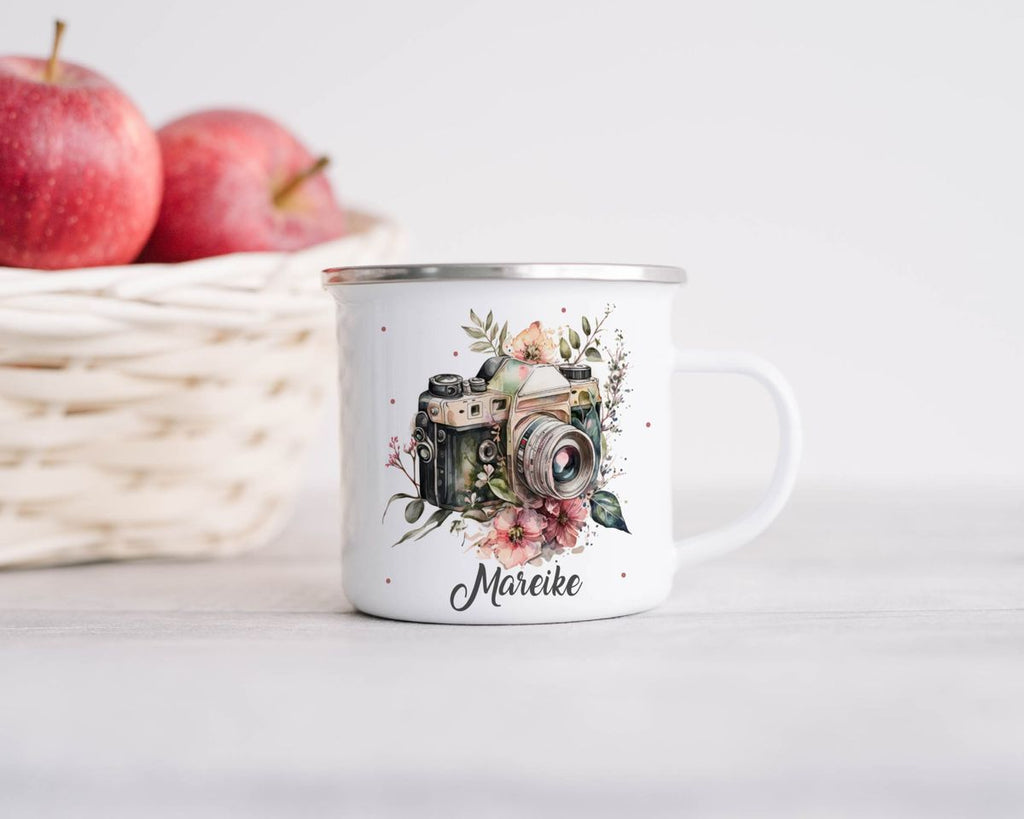 Emaille Tasse Kamera mit Blumen mit Wunschname - von Mikalino