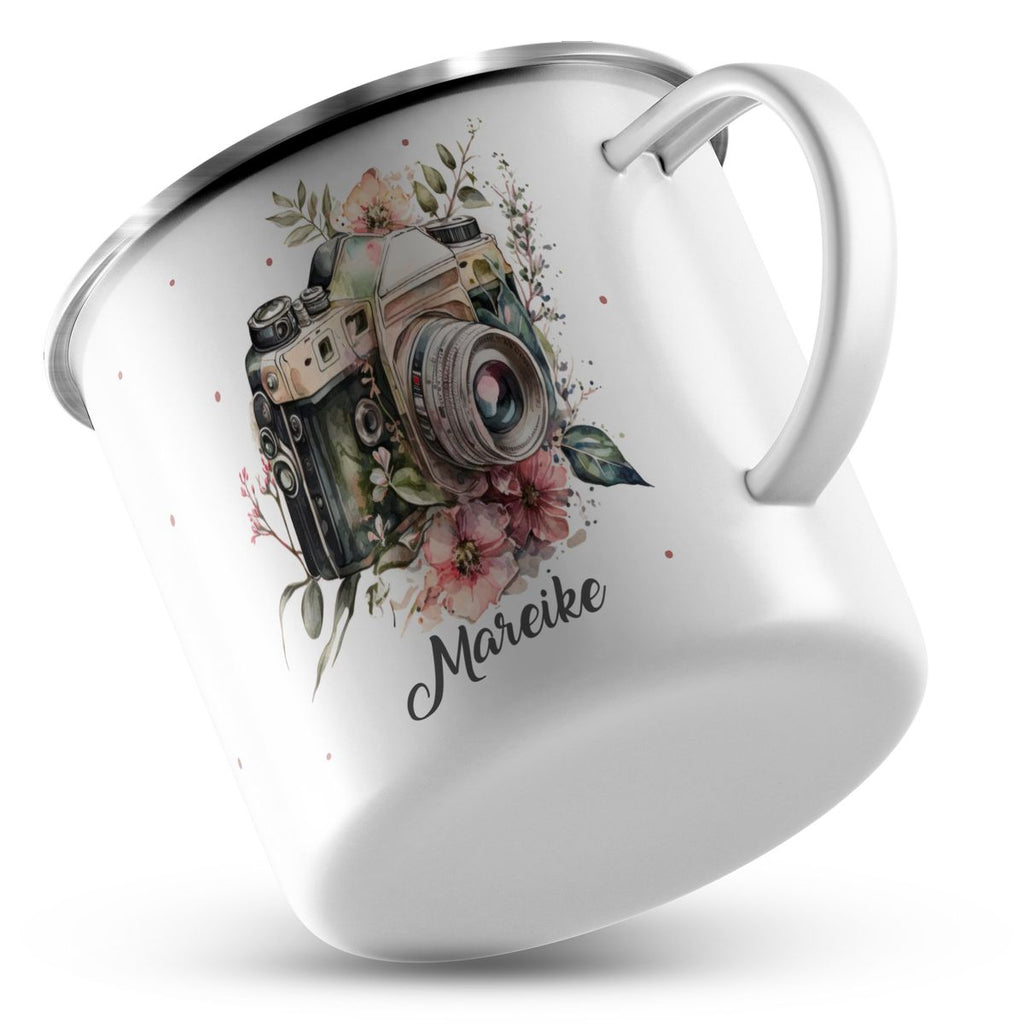 Emaille Tasse Kamera mit Blumen mit Wunschname - von Mikalino