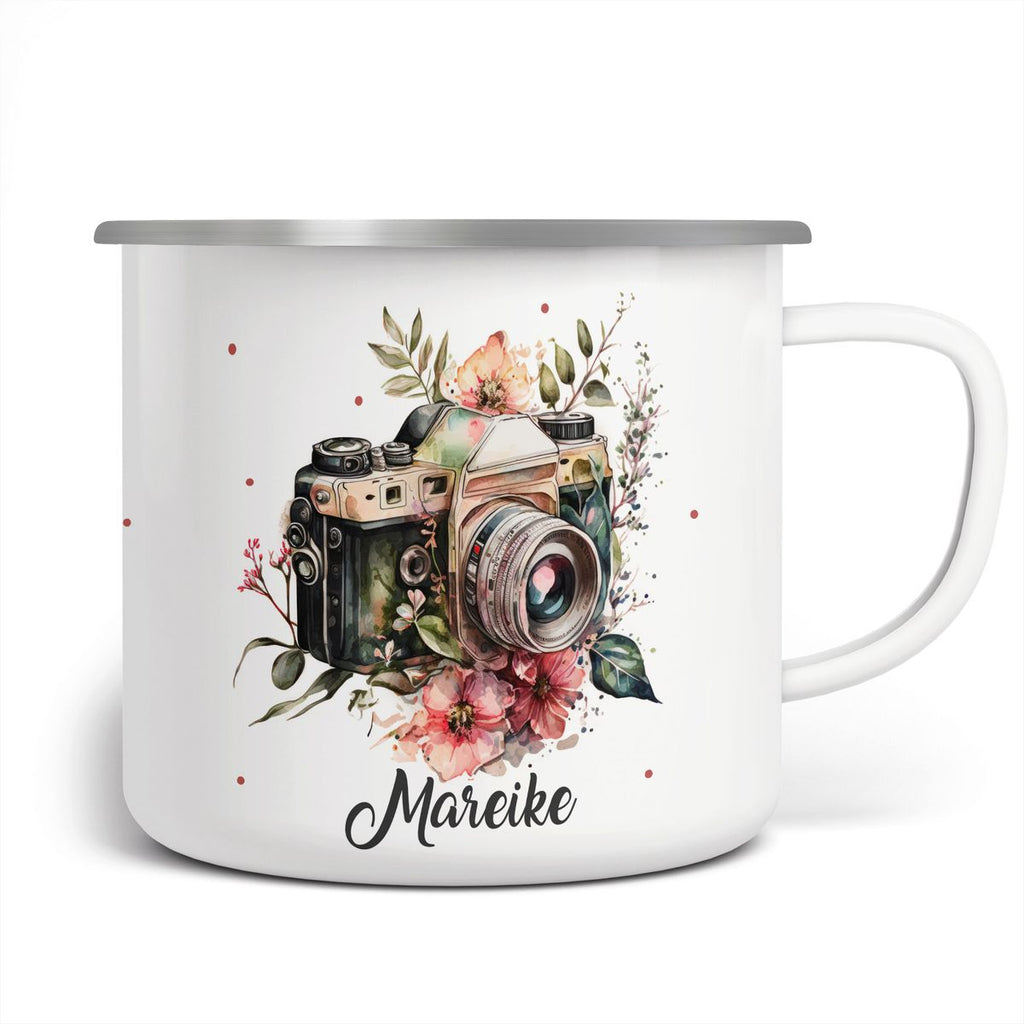 Emaille Tasse Kamera mit Blumen mit Wunschname - von Mikalino