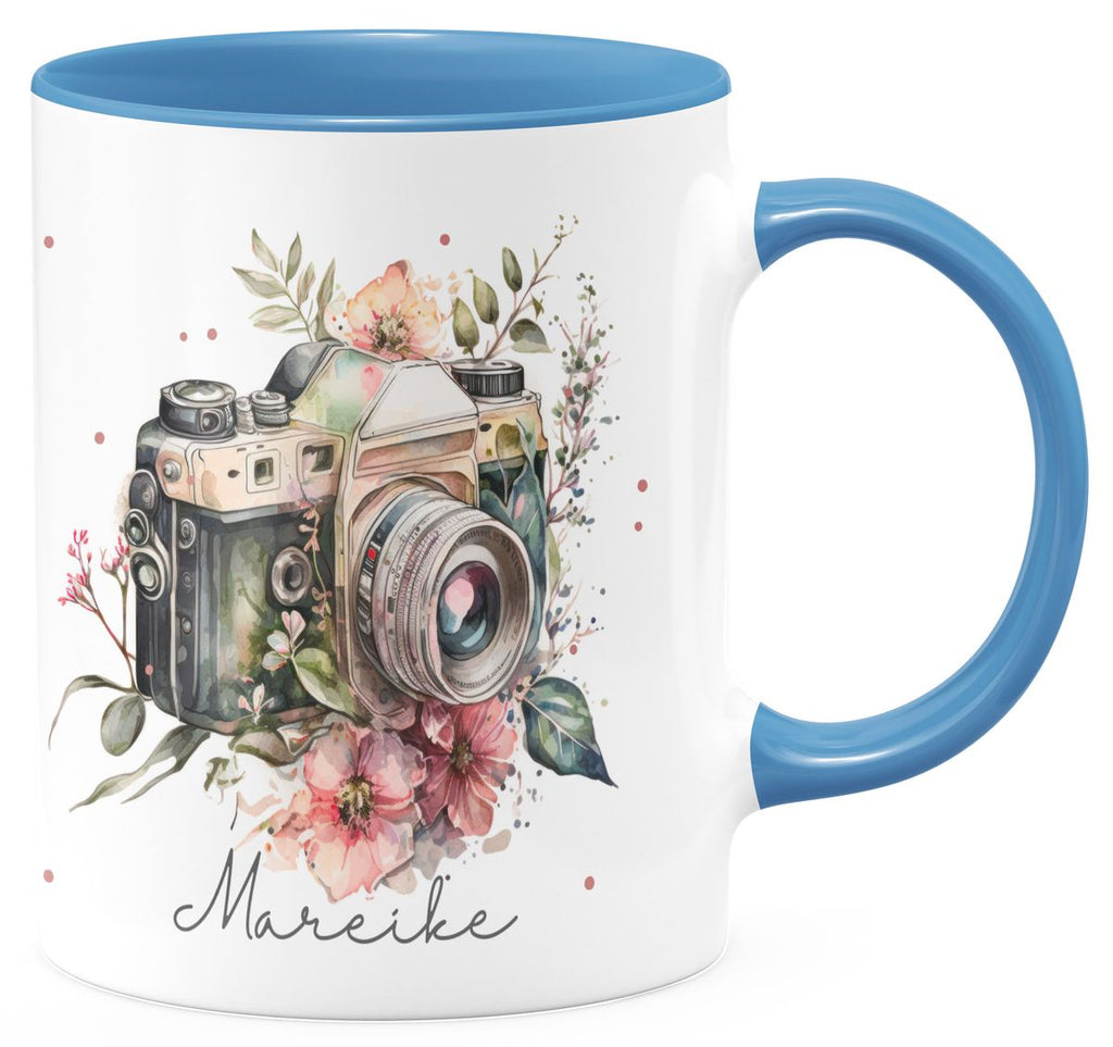 Keramik Tasse Kamera mit Blumen mit Wunschname - von Mikalino