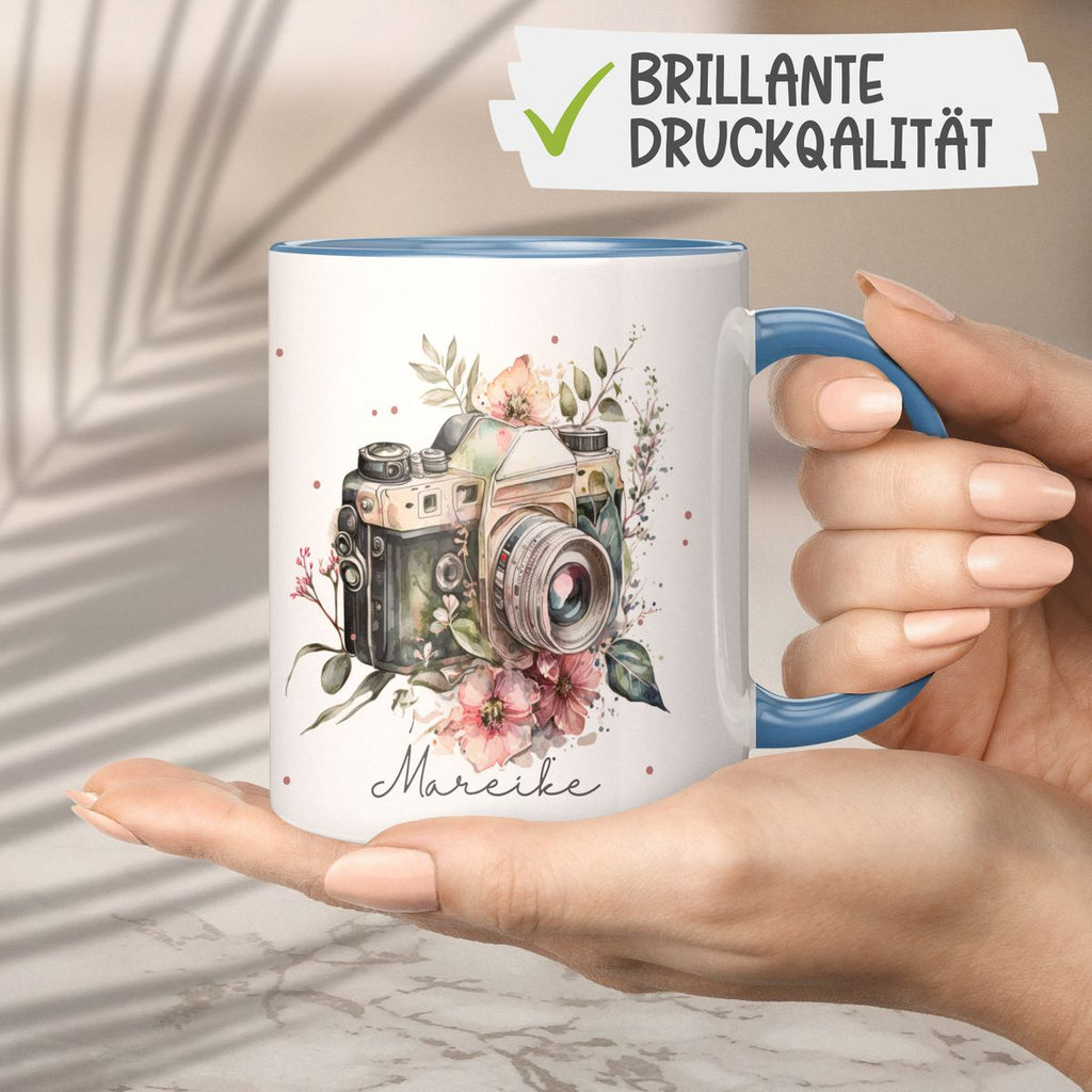 Keramik Tasse Kamera mit Blumen mit Wunschname - von Mikalino