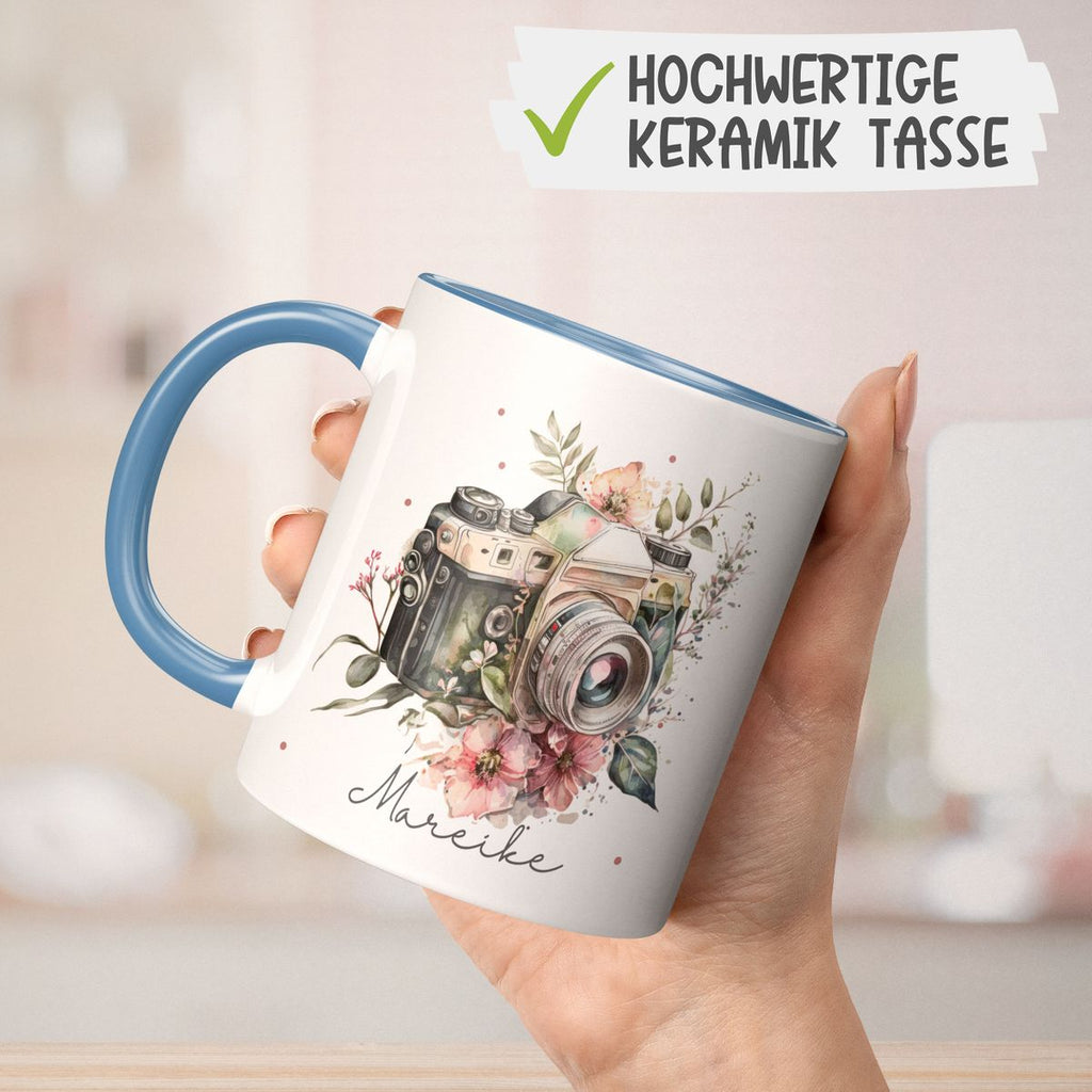 Keramik Tasse Kamera mit Blumen mit Wunschname - von Mikalino