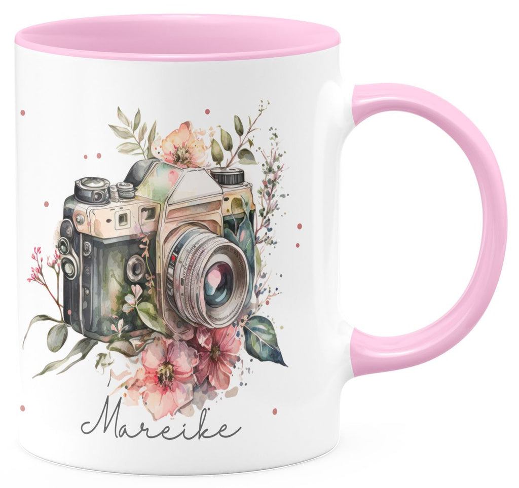 Keramik Tasse Kamera mit Blumen mit Wunschname - von Mikalino