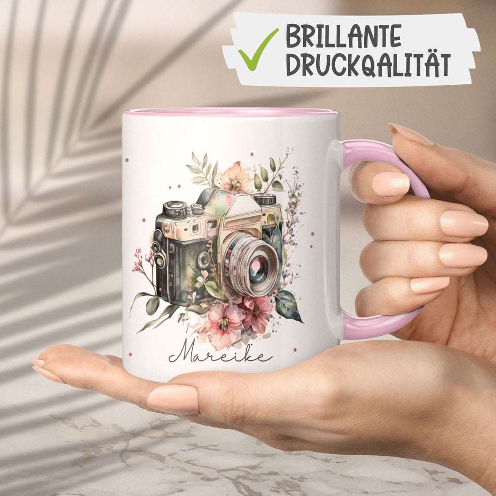 Keramik Tasse Kamera mit Blumen mit Wunschname - von Mikalino