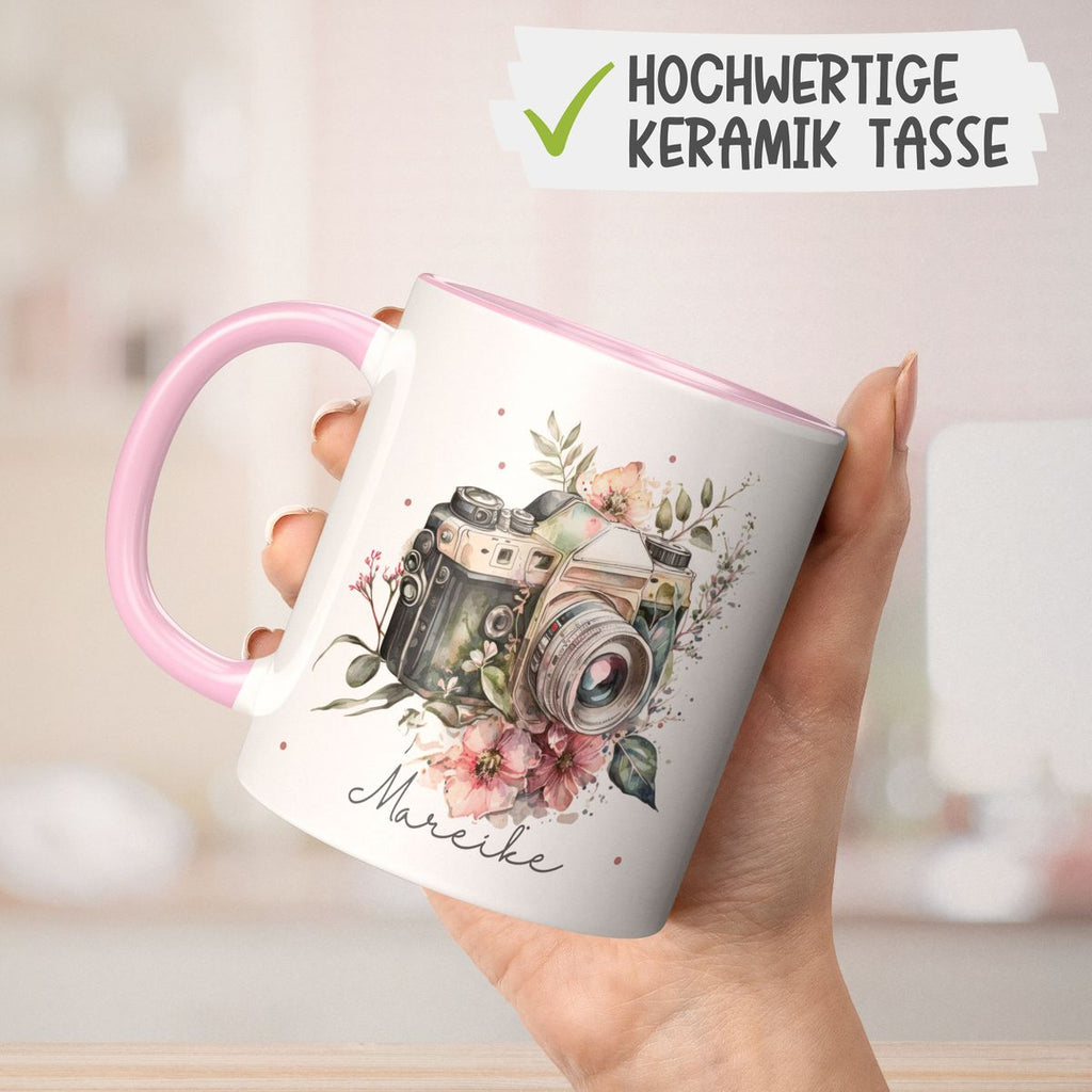 Keramik Tasse Kamera mit Blumen mit Wunschname - von Mikalino