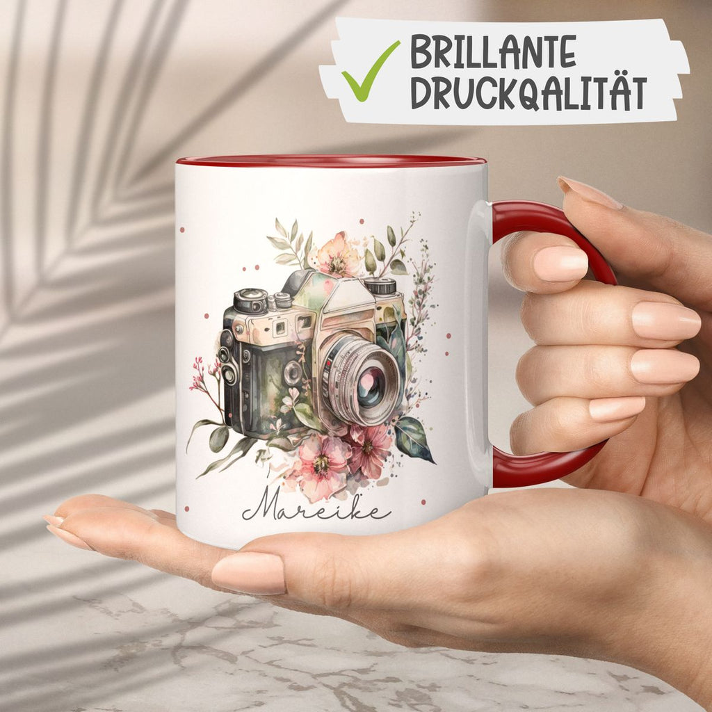 Keramik Tasse Kamera mit Blumen mit Wunschname - von Mikalino