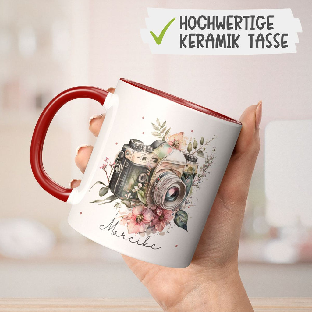 Keramik Tasse Kamera mit Blumen mit Wunschname - von Mikalino