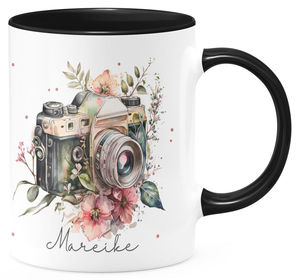 Keramik Tasse Kamera mit Blumen mit Wunschname - von Mikalino