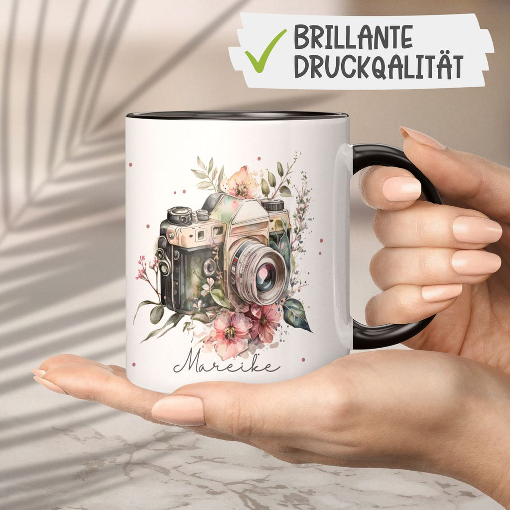 Keramik Tasse Kamera mit Blumen mit Wunschname - von Mikalino