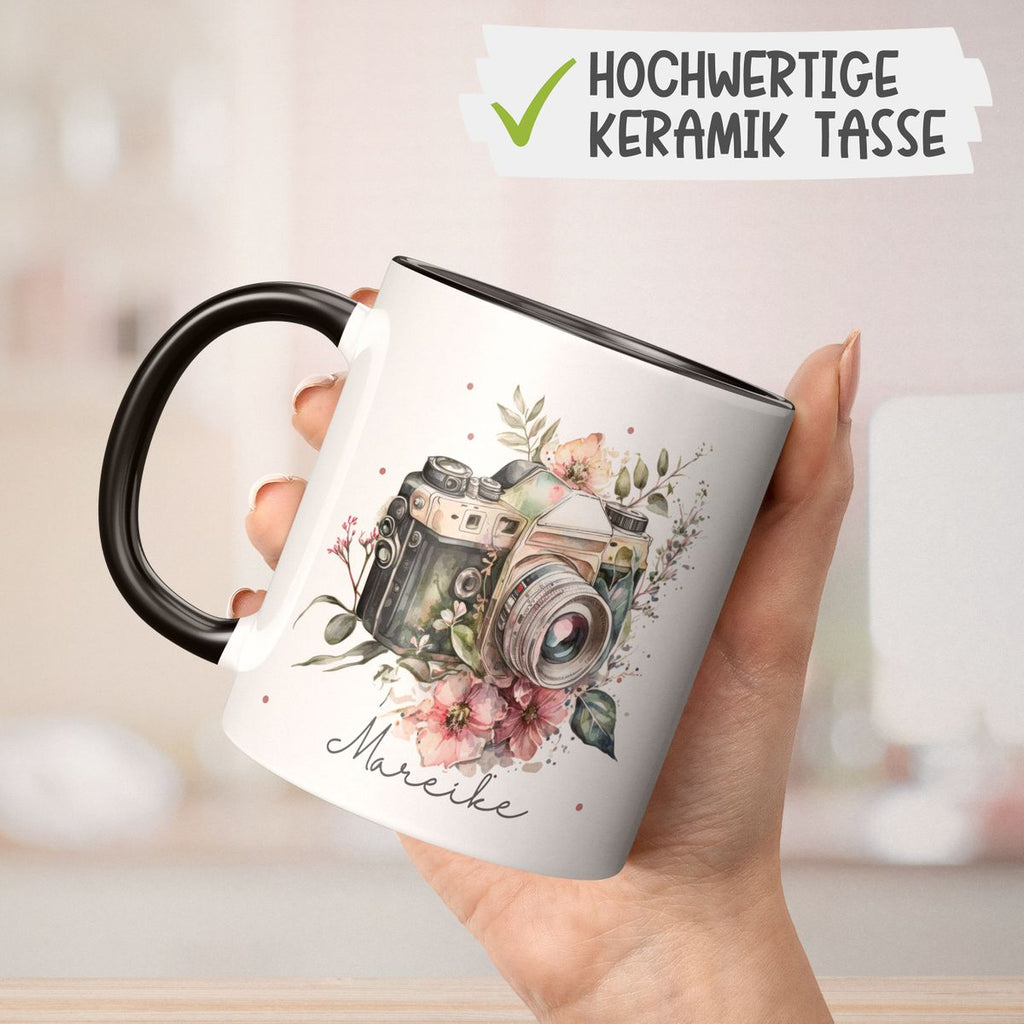 Keramik Tasse Kamera mit Blumen mit Wunschname - von Mikalino