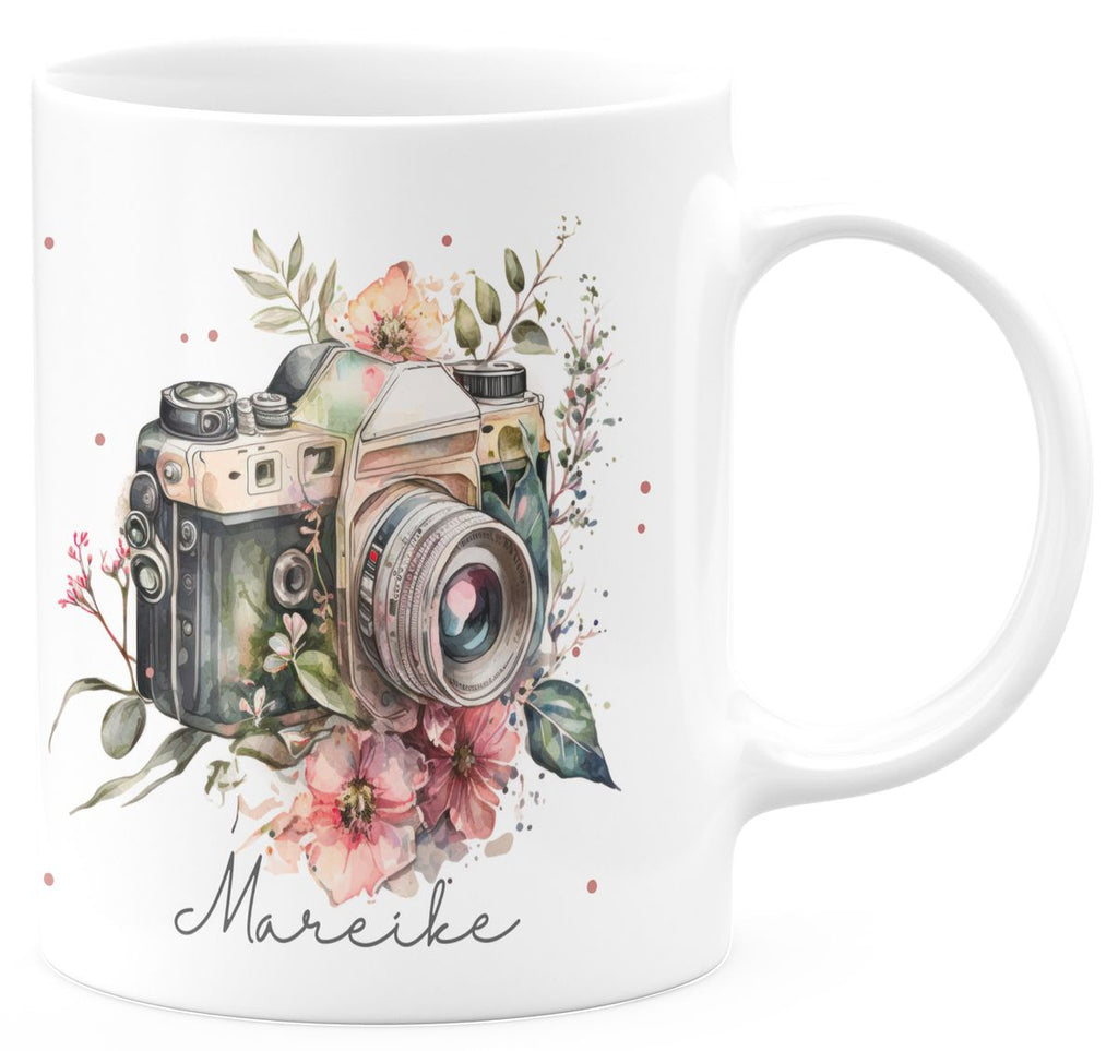 Keramik Tasse Kamera mit Blumen mit Wunschname - von Mikalino