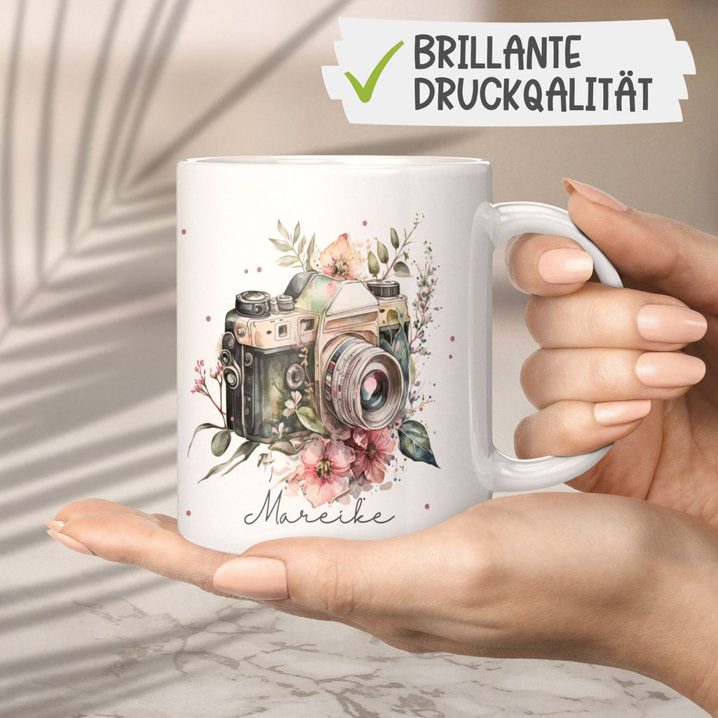 Keramik Tasse Kamera mit Blumen mit Wunschname - von Mikalino