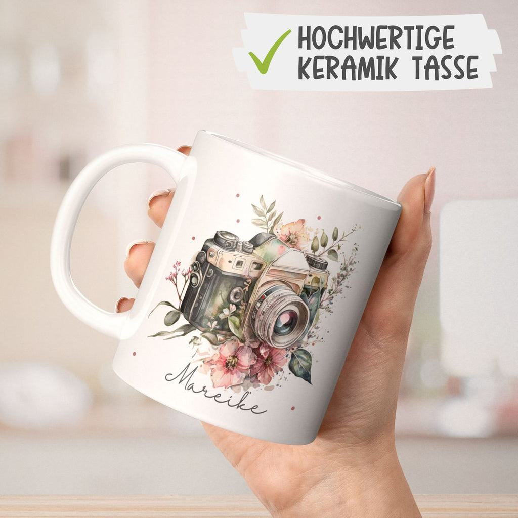 Keramik Tasse Kamera mit Blumen mit Wunschname - von Mikalino