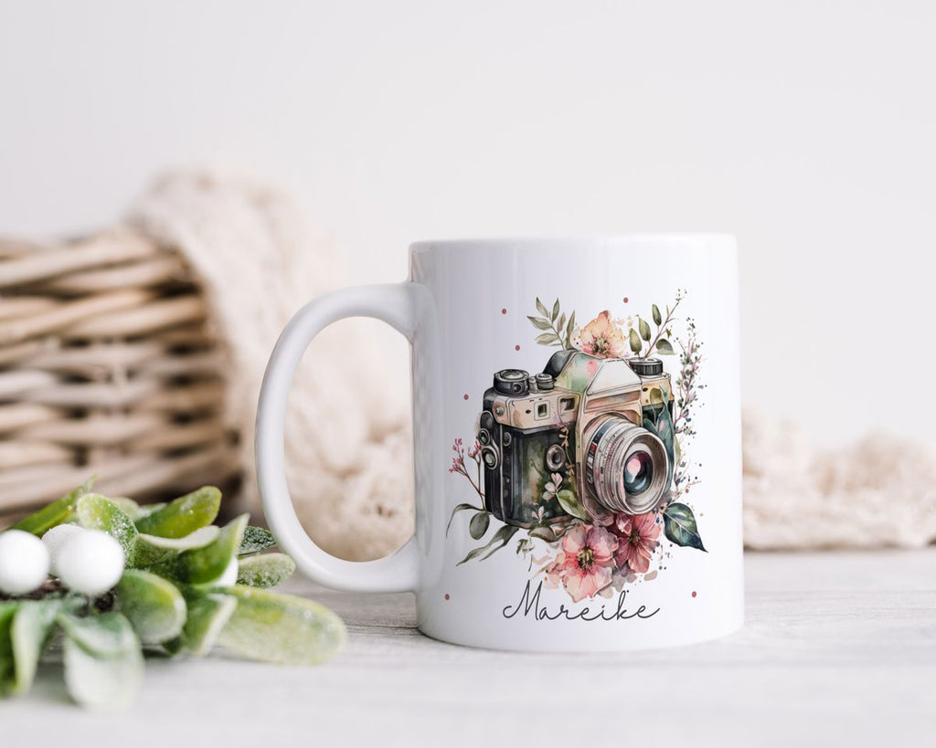 Keramik Tasse Kamera mit Blumen mit Wunschname - von Mikalino