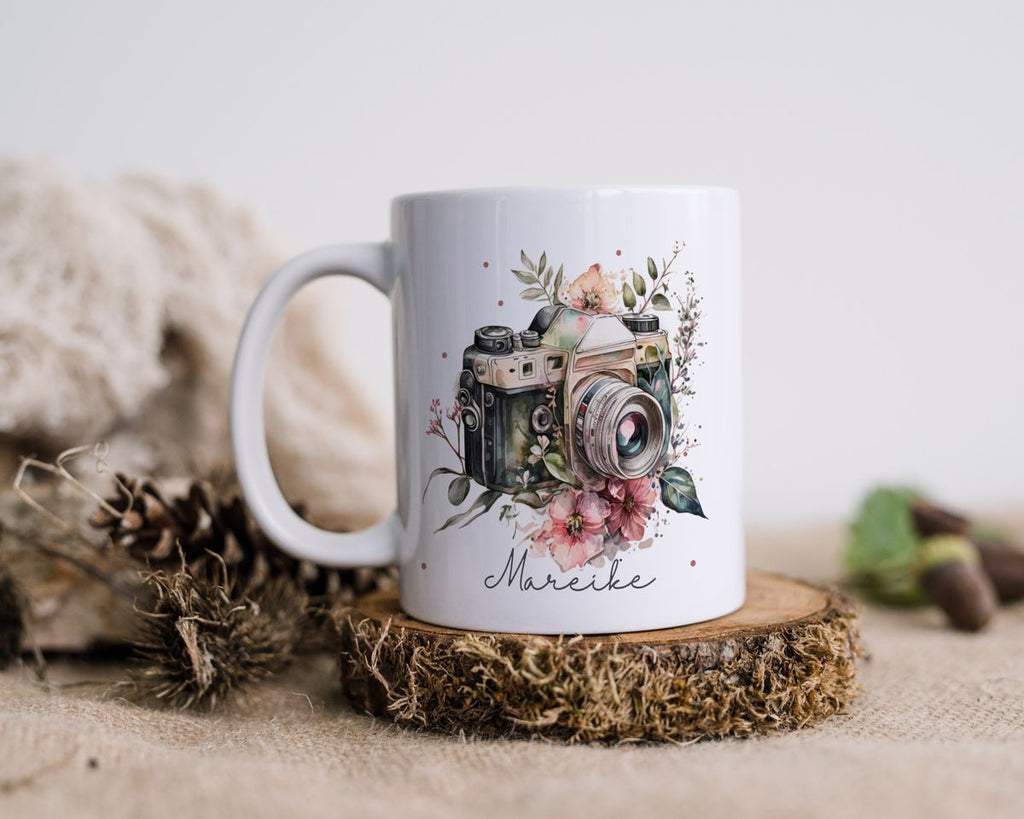 Keramik Tasse Kamera mit Blumen mit Wunschname - von Mikalino