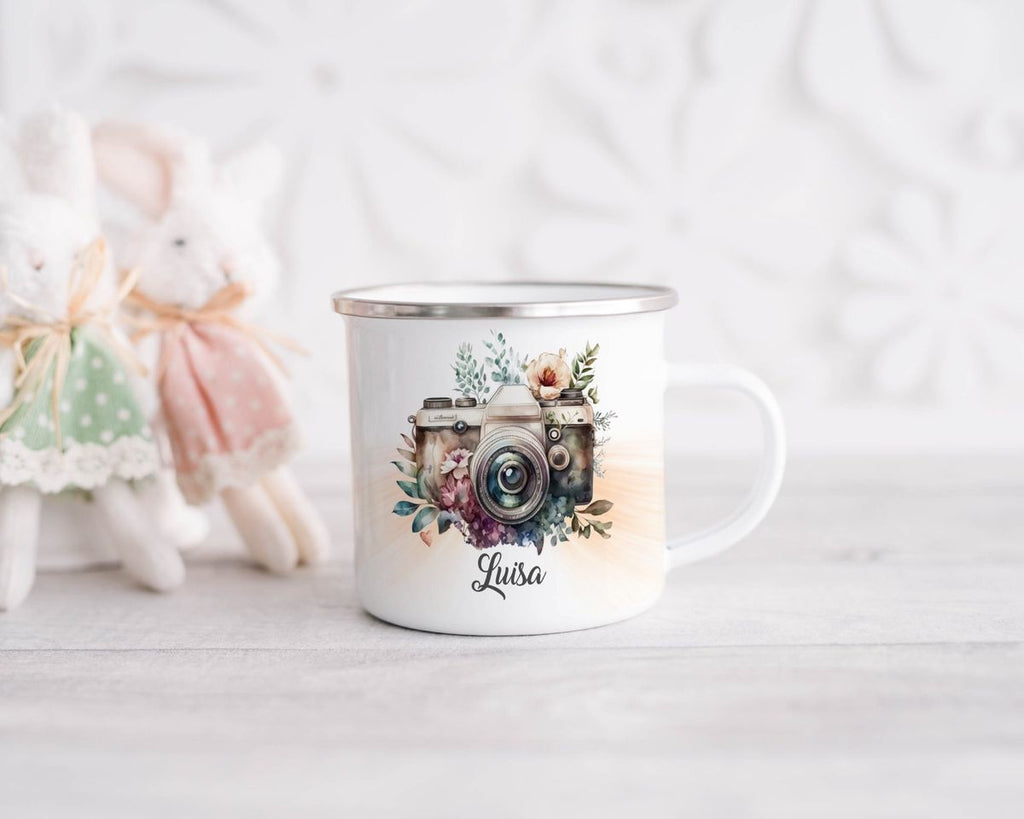 Emaille Tasse Kamera mit Blumen mit Wunschname - von Mikalino