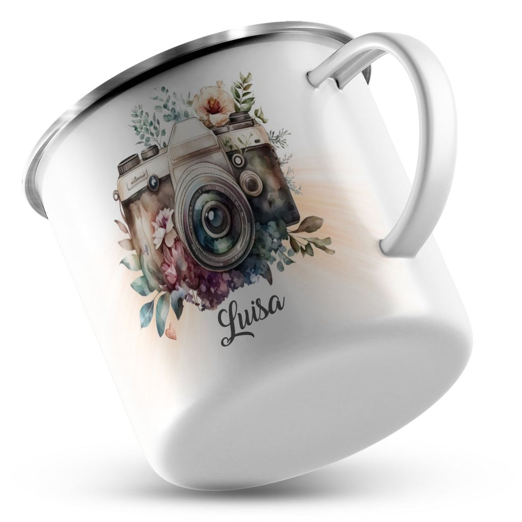 Emaille Tasse Kamera mit Blumen mit Wunschname - von Mikalino