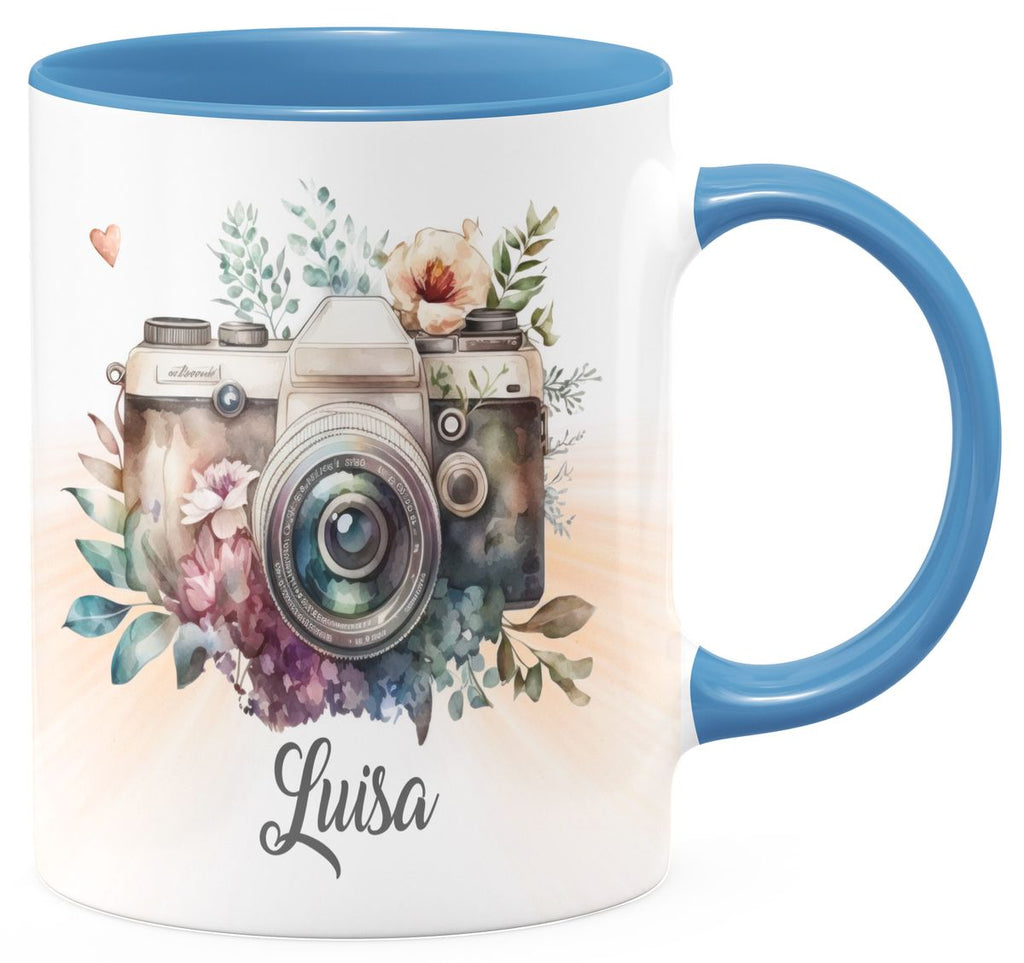 Keramik Tasse Kamera mit Blumen mit Wunschname - von Mikalino