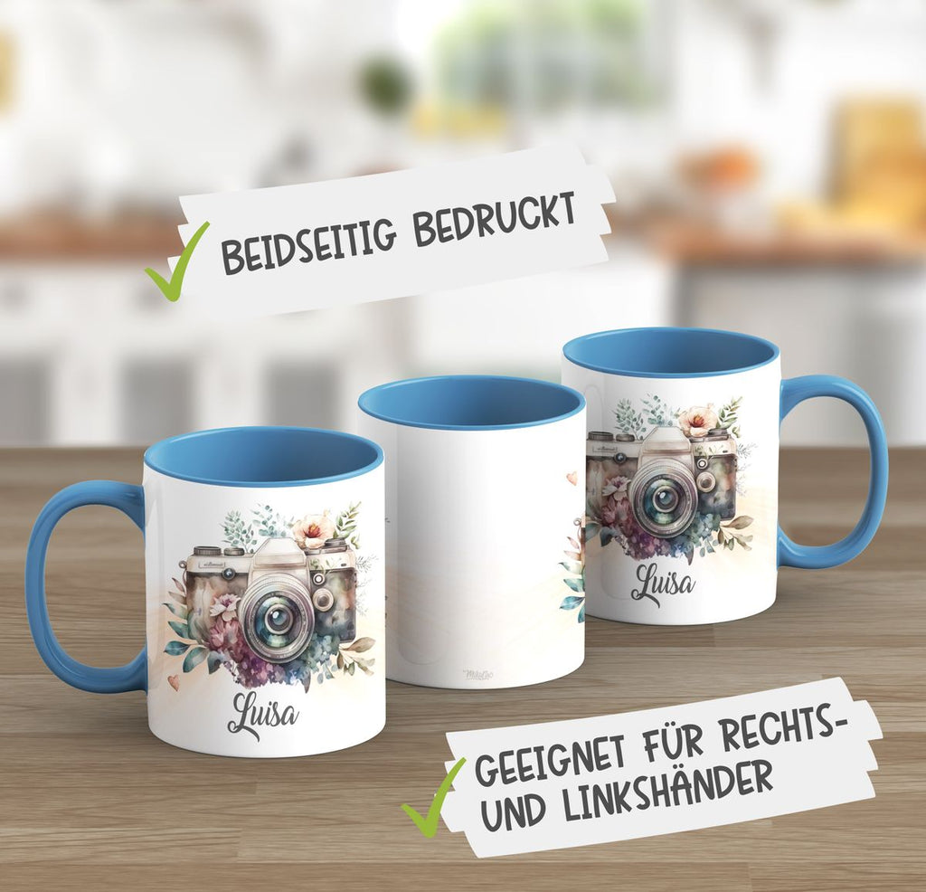 Keramik Tasse Kamera mit Blumen mit Wunschname - von Mikalino