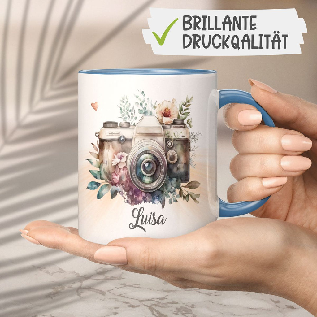 Keramik Tasse Kamera mit Blumen mit Wunschname - von Mikalino