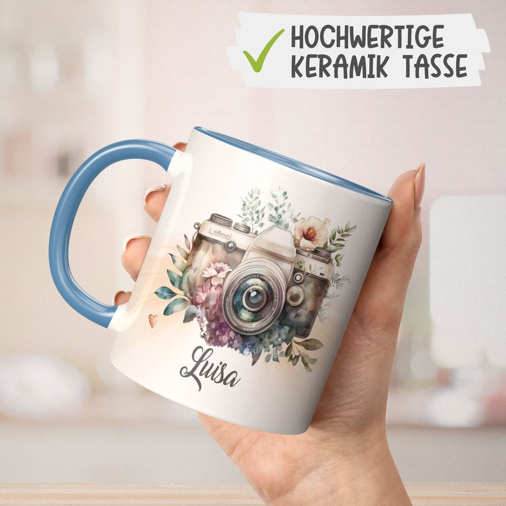 Keramik Tasse Kamera mit Blumen mit Wunschname - von Mikalino