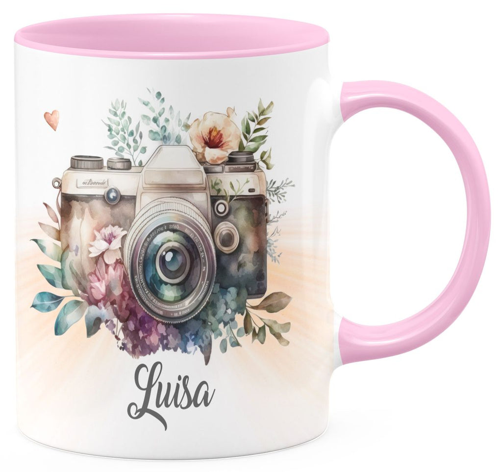 Keramik Tasse Kamera mit Blumen mit Wunschname - von Mikalino