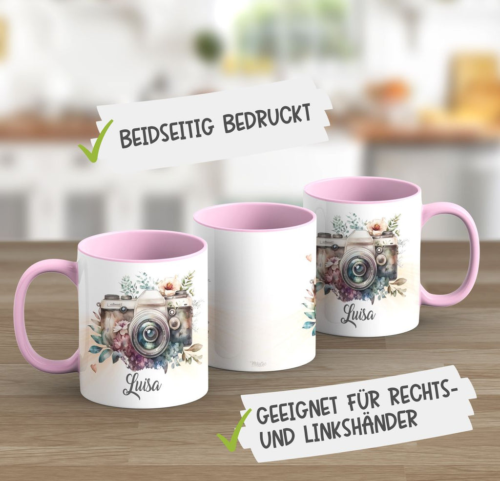 Keramik Tasse Kamera mit Blumen mit Wunschname - von Mikalino