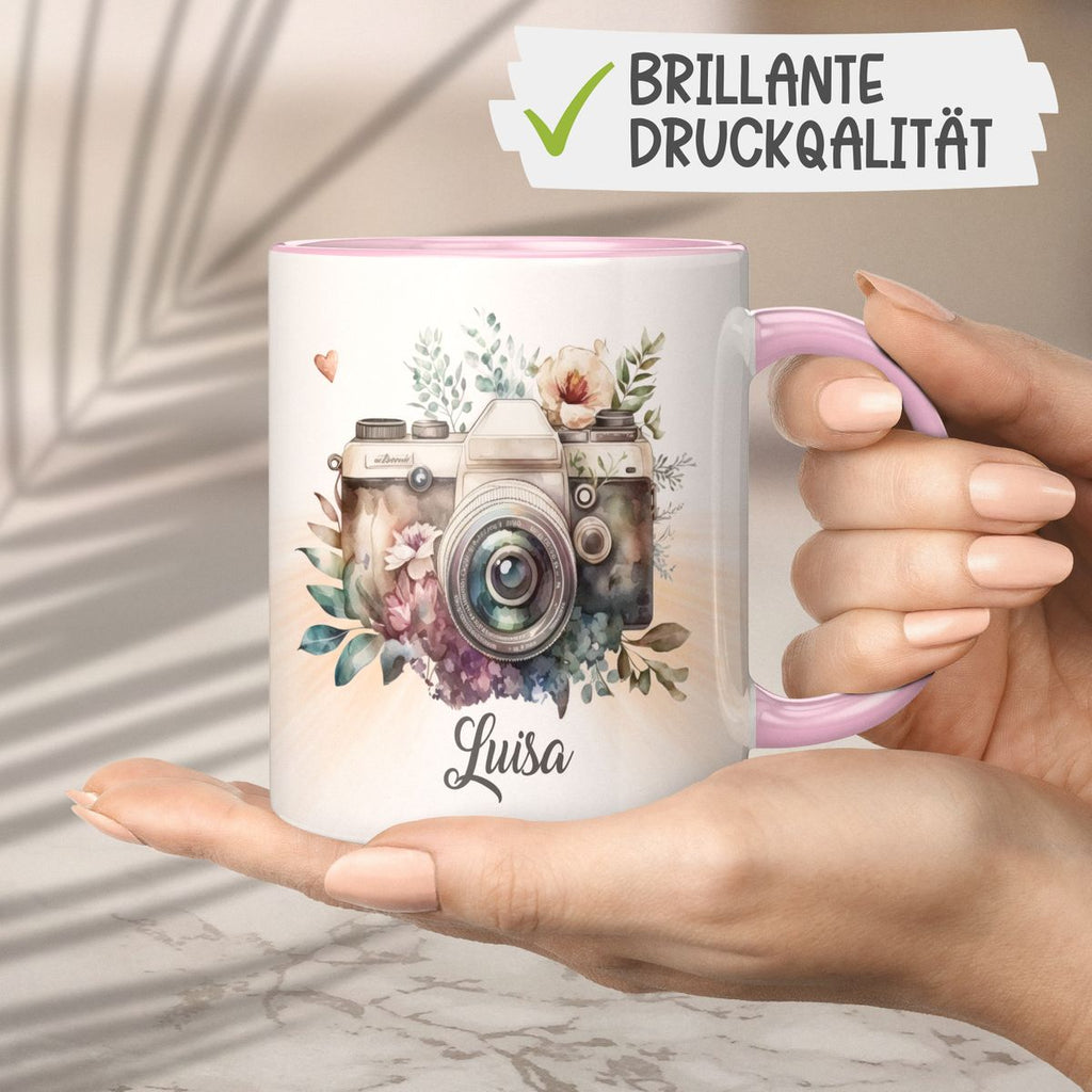 Keramik Tasse Kamera mit Blumen mit Wunschname - von Mikalino