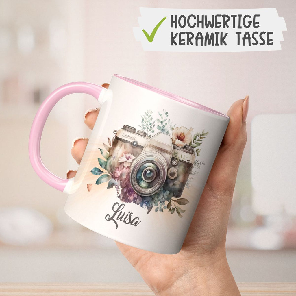 Keramik Tasse Kamera mit Blumen mit Wunschname - von Mikalino