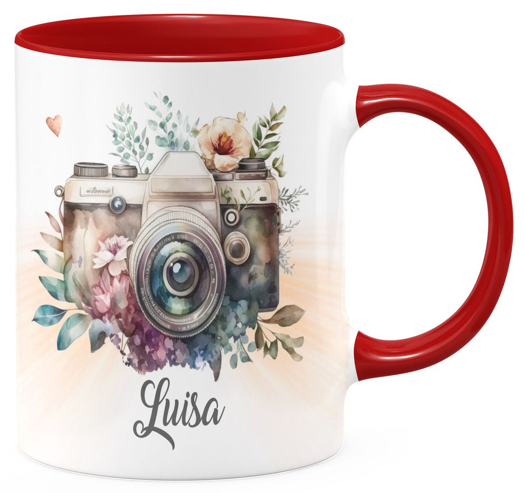 Keramik Tasse Kamera mit Blumen mit Wunschname - von Mikalino