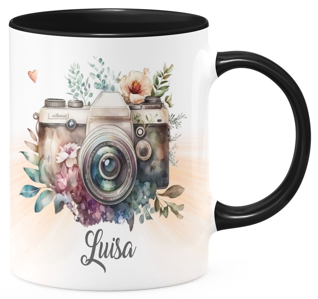 Keramik Tasse Kamera mit Blumen mit Wunschname - von Mikalino