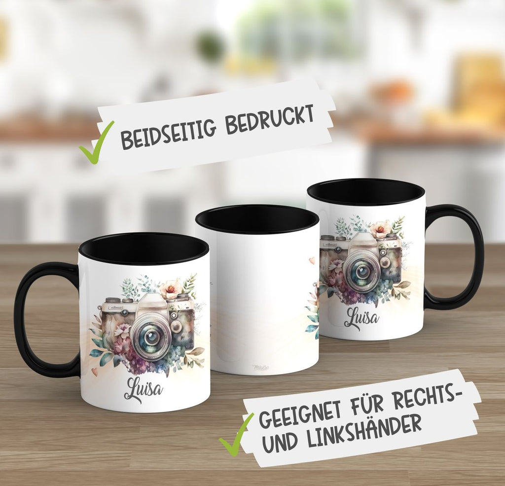 Keramik Tasse Kamera mit Blumen mit Wunschname - von Mikalino