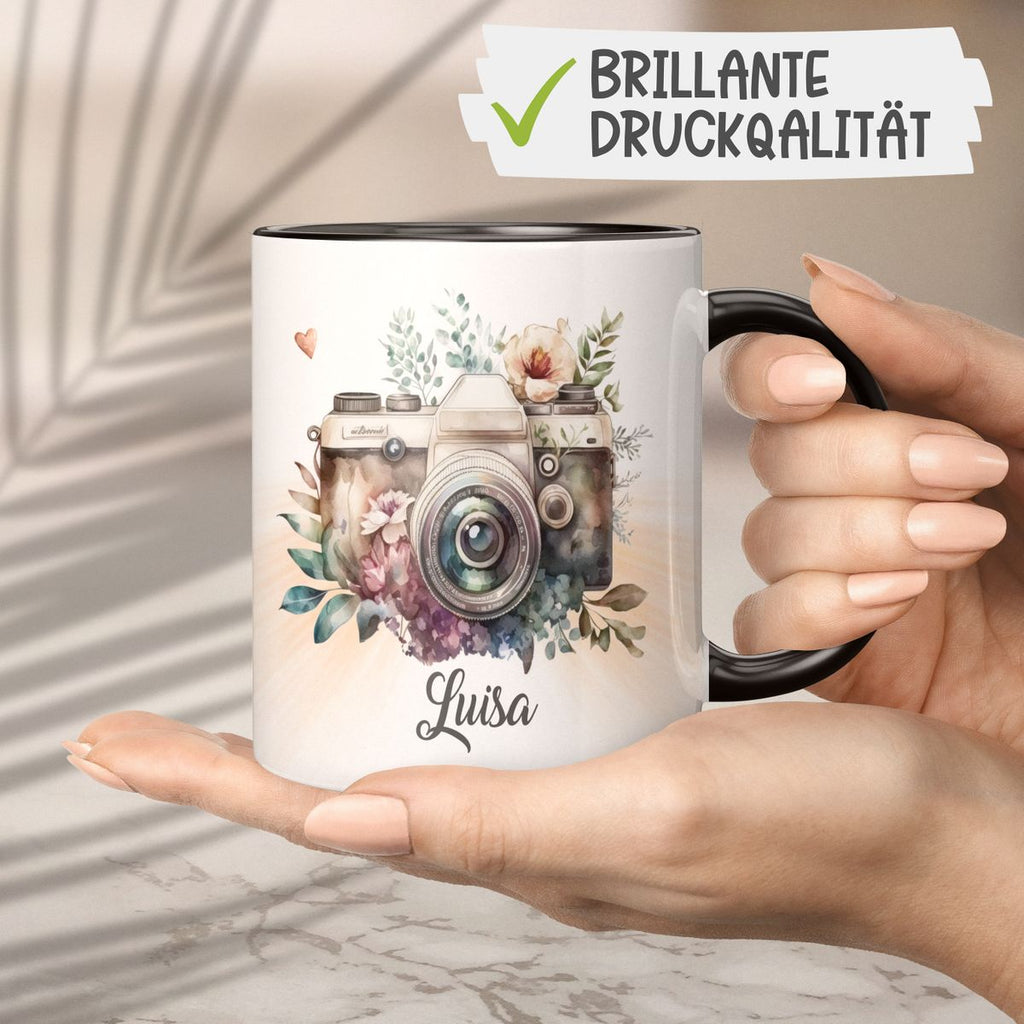 Keramik Tasse Kamera mit Blumen mit Wunschname - von Mikalino