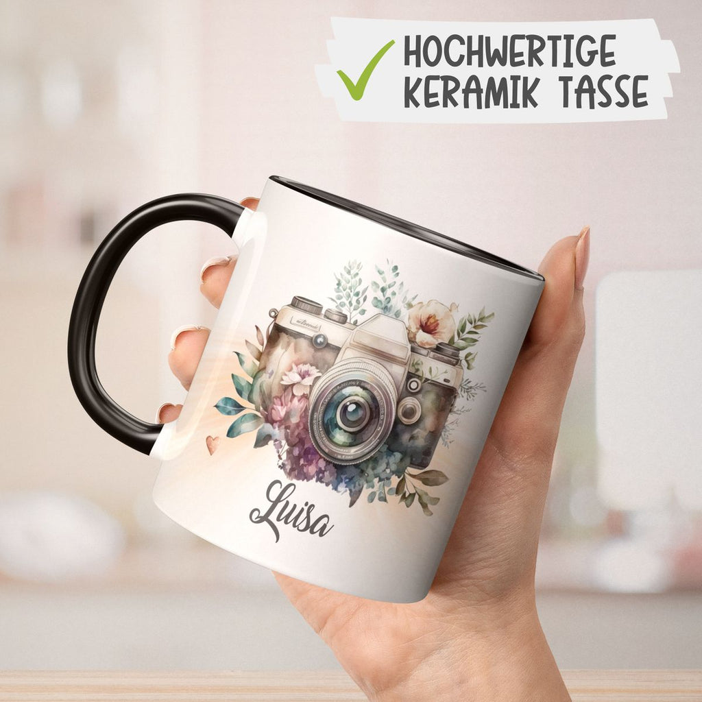 Keramik Tasse Kamera mit Blumen mit Wunschname - von Mikalino