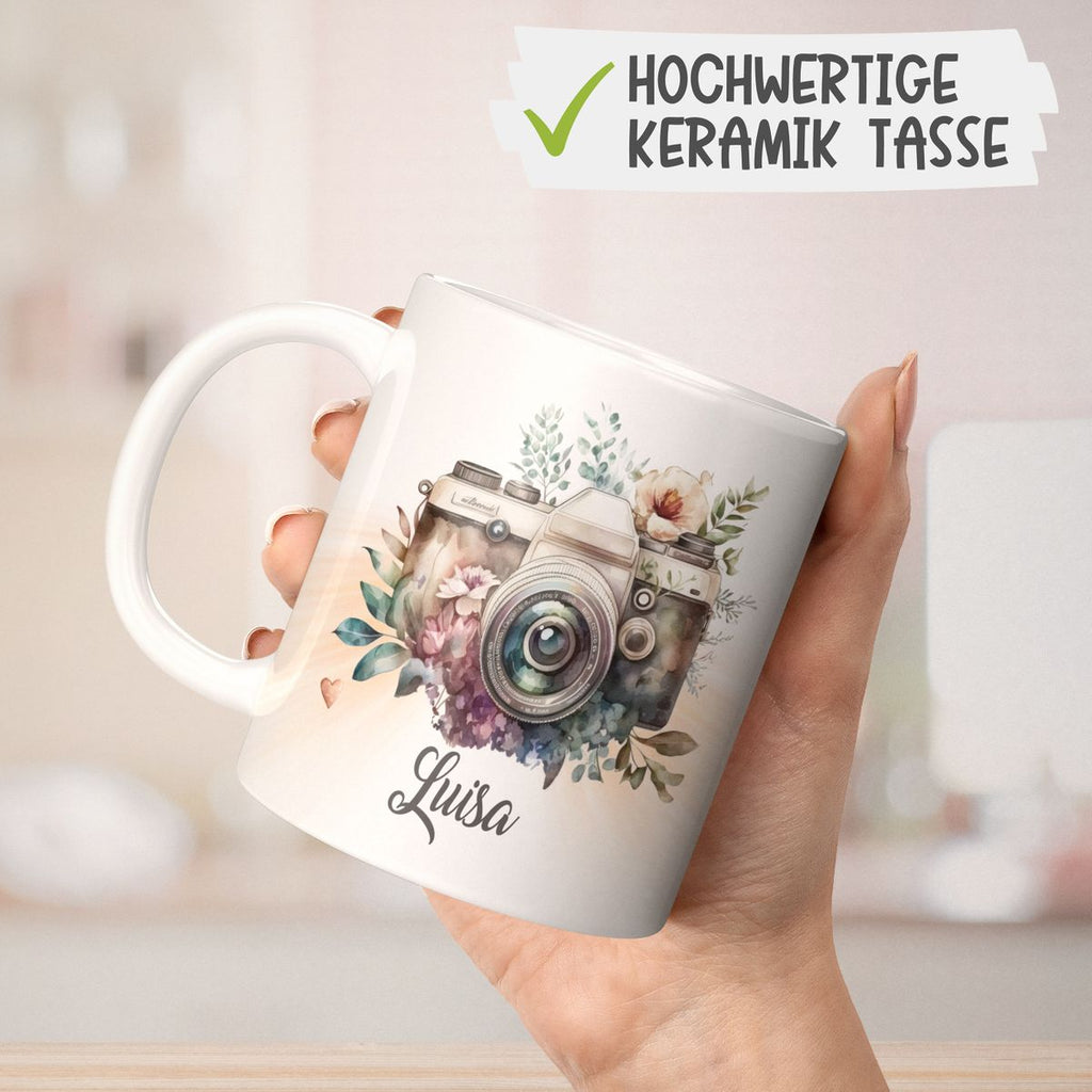 Keramik Tasse Kamera mit Blumen mit Wunschname - von Mikalino