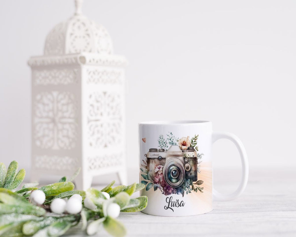 Keramik Tasse Kamera mit Blumen mit Wunschname - von Mikalino